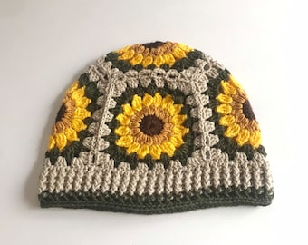 Sunflower Beanie Women Sun Flower Granny Square Hat Crochet  Boho Hat Gift for Her