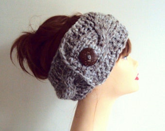 Chunky Knit Headband with Button, Winter Ear Warmer