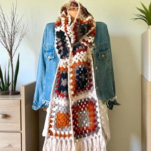Handmade Granny Square Crochet Scarf – Colorful, Cozy, Unisex Boho Accessory, New Season Fall-Winter Collection GiftGift