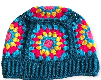 Crochet Granny Square Beanie, Boho Chic Handmade Hat Gift Christmas Gift