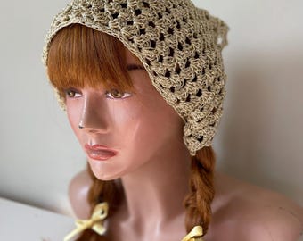 Crochet Bandana, Golden Shimmery Headscarf, Boho Hair Accessory