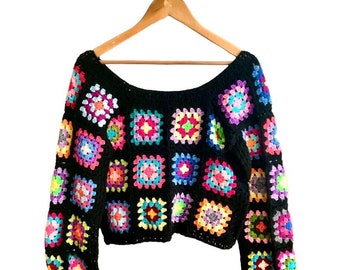 Granny Square Sweater Women Long Sleeves Granny Square Crochet Crop Sweater Patchwork Sweater Boho Sweater Gift for Her