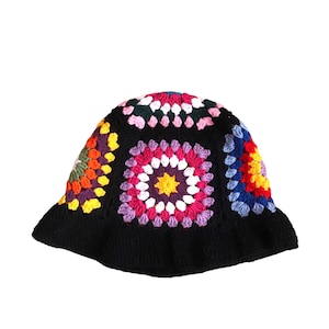 Granny Square Bucket Hat Unisex Crochet Beanie Sunburst Granny Square Hat Colorful Crochet Boho Hat for both Men and Women