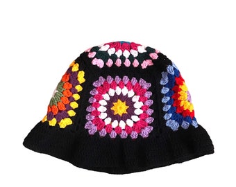 Granny Square Bucket Hat Unisex Crochet Beanie Sunburst Granny Square Hat Colorful Crochet Boho Hat Gift for both Men and Women