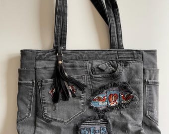 Upcycled Denim Bag, Handmade Recycled Jeans Shoulder Bag Gift, Distressed Patchwork Bag, Unique Tote Bag Gift, Reborn Stories Collection