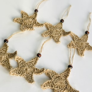 Crochet Jute Star Ornament Set, Hanging Star Decoration, Handmade Wall Hanging, Decorative Ornament Set of 6, Star Garland Christmas Gift