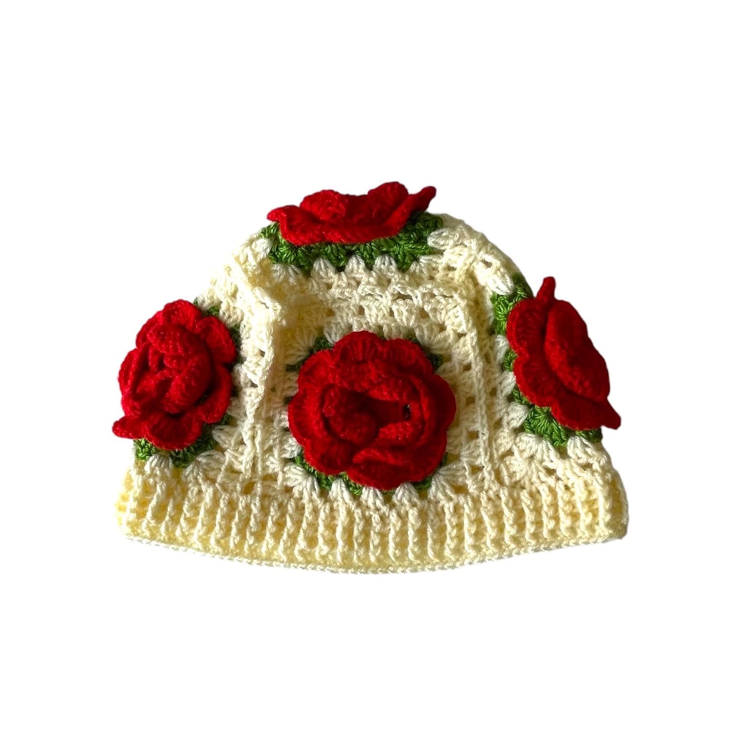 Crochet Rose Beanie: Handmade Granny Square Flower Hat Handmade