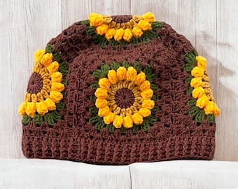 Crochet Sunflower Beanie: Granny Square Boho HatGift
