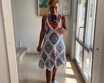 Crochet Granny Square Dress: Handmade Boho Festival Sun DressGift