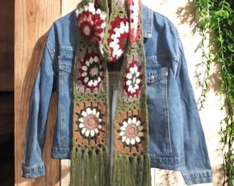Granny Square Scarf Celebrity Inspired Scarf Hippie Scarf Men Crochet Scarf for Him Sunburst Granny Square Scarf