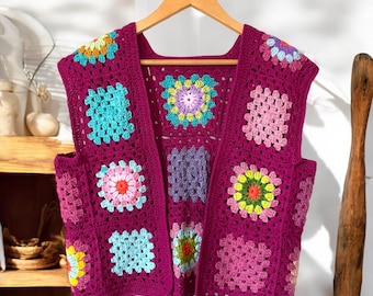 Gilet carré grand-mère au crochet cadeau de Noël fait main en