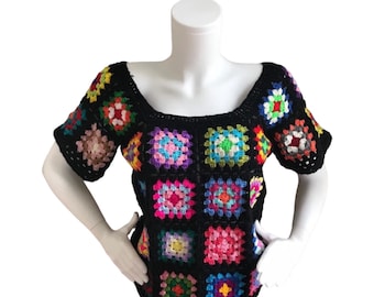 Granny Square Crochet Top: Colorful Patchwork Boho Festival ClothesGift
