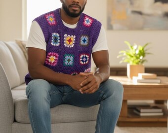 Best Selling Mens Boho Sweater Vest, Patchwork Vest,  Unisex Trendy Vest, Handmade Granny Square Pattern Crochet Vest,Gift