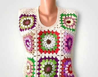 Unisex Crochet Vest Granny Square Sweater Vest Gift Women Handmade Patchwork Crop Vest Gift for Him Crochet Boho Sweater Vest Gift for Women