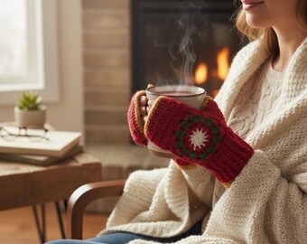 Crochet Fingerless Gloves Gift for Her Granny Square Fingerless Gloves Crochet Armwarmers RedGift Crochet Winter Gloves Christmas Gift