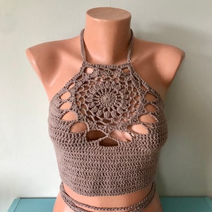 Women Crochet Halter Top Crochet Mandala Top Gift For Her Crop Top Gift for Mom Backless Crochet Boho Top Gift for Girlfriend Festive Top