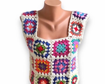 Top corto quadrato della nonna da donna all'uncinetto Gilet maglione quadrato della nonna per adolescenti Regalo per lei Gilet all'uncinetto Gilet maglione da uomo Top all'uncinetto unisex