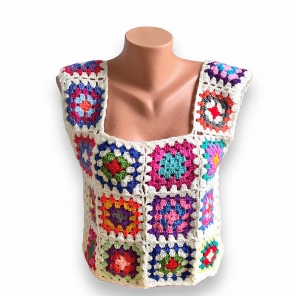 Granny Square Crop Top Women Crochet Granny Square Sweater Vest For Teens Gift For Her Crochet Vest Men Sweater Vest  Unisex Crochet Top