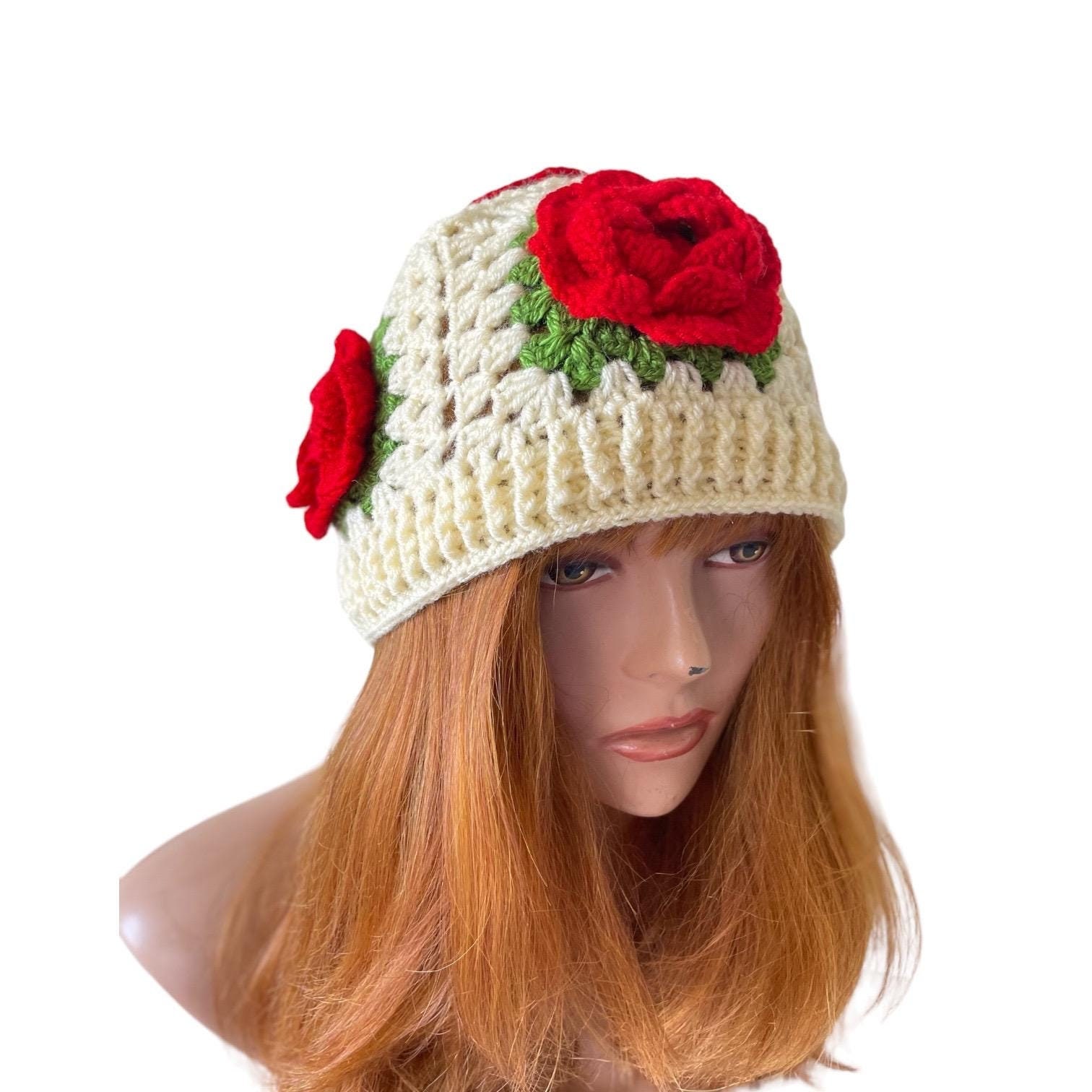 Rose Hat, Crochet Flower Hat, Rose Beanie, Granny Square Rose Pattern Hat, Handmade Gift, Winter Hats, Boho Chic  Rose Beanie