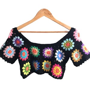 Granny Square Crop Top, Crochet Mini Crop Top, Sunburst Granny Square Top, Boho Top, Festival Top, Handmade Gift