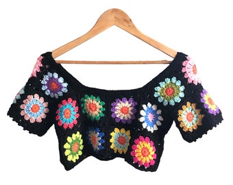 Granny Square Crop Top Women Mini Crop Top For Teens Sunburst Granny Square Crochet Top Boho Top Gift for Her Festival Top