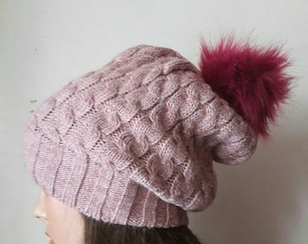 Pink Cable Knit Beanie with Faux Fur Pom Pom