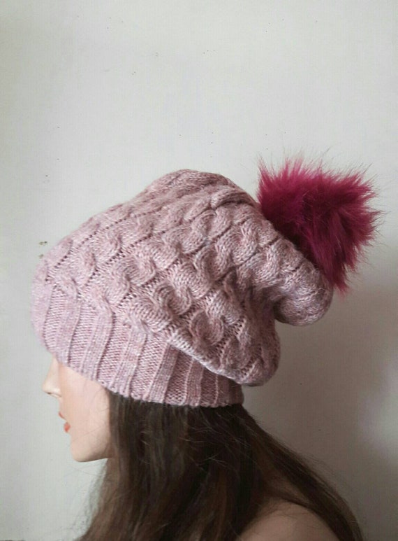 Pink Cable Knit Beanie With Faux Fur Pom Pom - Etsy Israel display picture 2