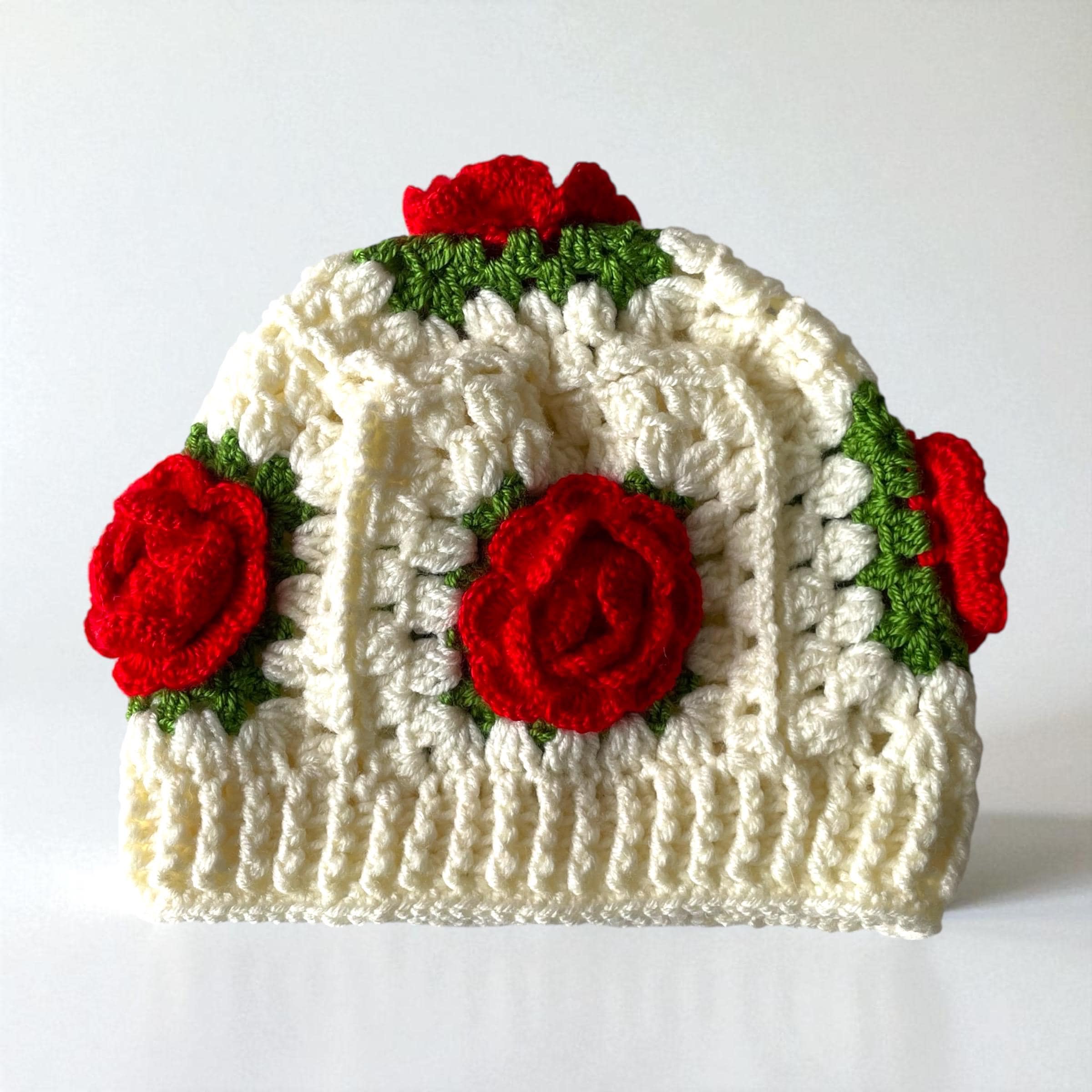 Crochet Rose Beanie: Handmade Granny Square Flower Hat Handmade