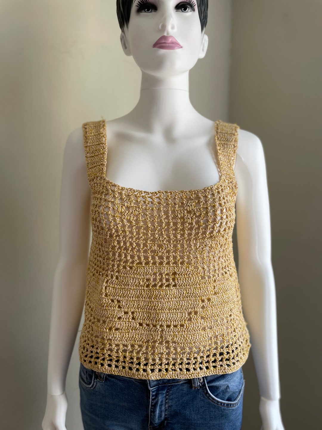 Crochet Crop Top: Gold Shiny Yarn, Rose Motif, Elegant