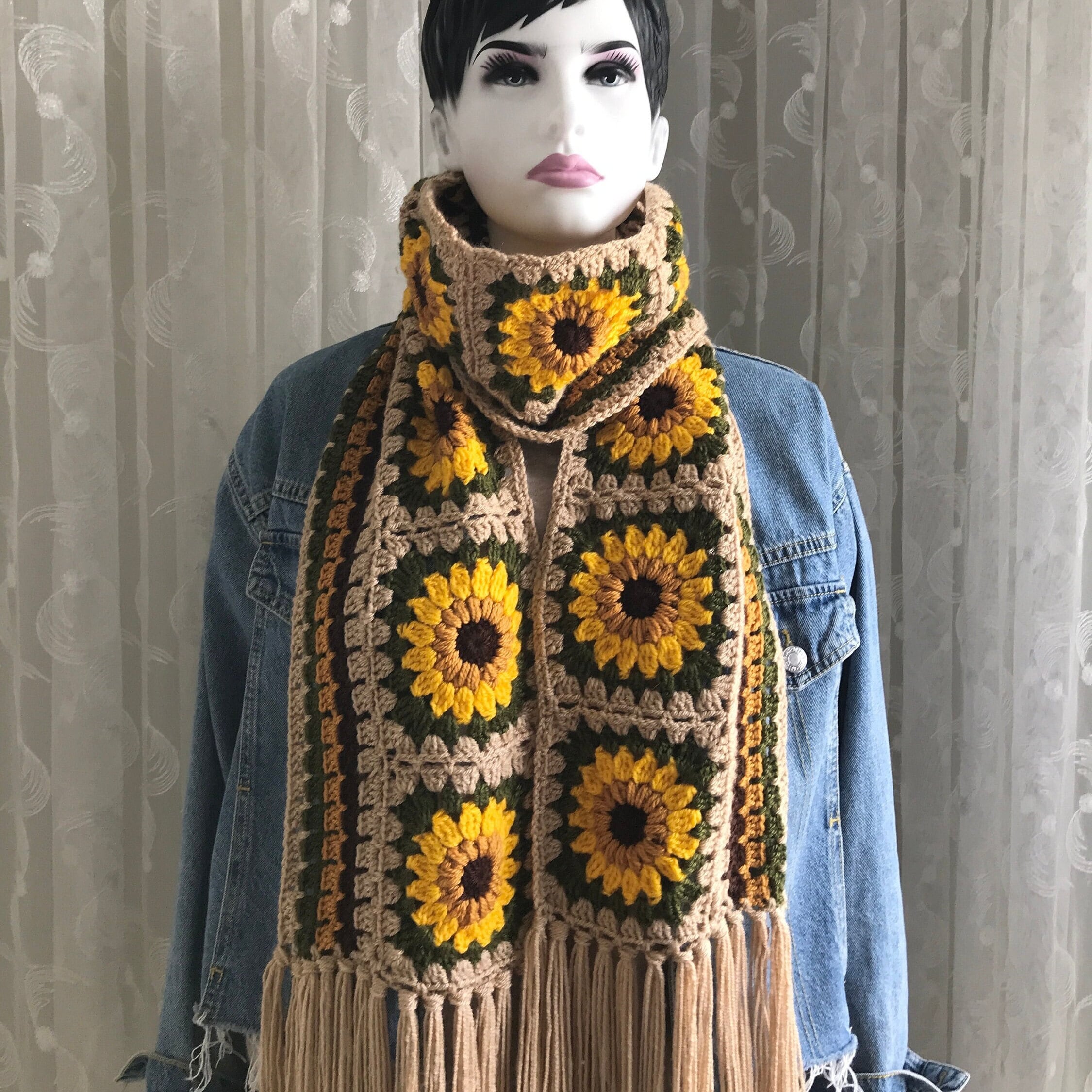 Best Seller Sunflower Pattern Granny Square Scarf for Her Granny Square Scarf Popular Colorful Crochet Long Scarf for Him