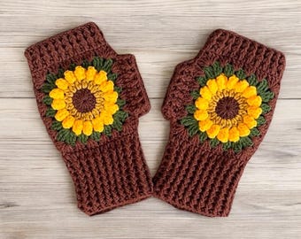 Crochet Sunflower Fingerless Gloves: Granny Square Hand WarmersGift