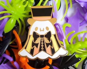 Broche de esmalte rígido fantasma elegante | Broche de esmalte fantasma com listras de Halloween da Precious Bbyz