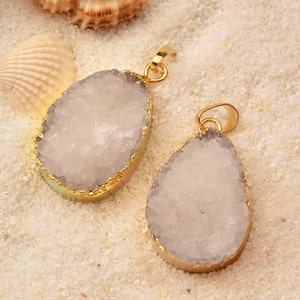 2PC Quartz Druzy  Drusy Crystal  Pendant  , Druzy Gold  Dipped  Electroplated , Raw  Quartz  Gemstone Pendant