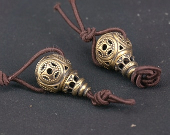 Bronze Geometry Carved Guru  Bead , Hollow  Bead, Copper Charms,  3 Hole 11mm  Mala  Making