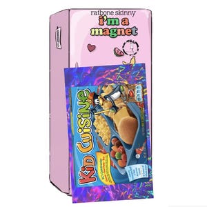 May include: A pink refrigerator with a holographic sticker of a Kid Cuisine meal. The sticker features a cartoon character and a tray of food, including chicken nuggets, macaroni and cheese, a hamburger patty, and fruit. The refrigerator has the text "ratbone skinny i'm a magnet" written on it.