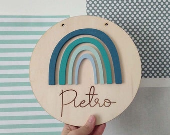 Targa di legno arcobaleno, fiocco nascita arcobaleno,decorazione per cameretta personalizzata,regalo nascita, prop set fotografico