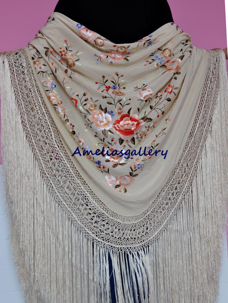 XLARGE Floral Flamenco Dance Shawl Beautiful Traditional Embroidered Manton NEW