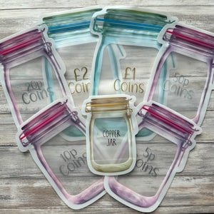 Coin Jars, Lay Flat savings jars, 1 pound, 2 pound, 50p, 20p, 10p, 5p and Copper jar, Cash Stuffing, Budget, Coin Jars, Change Jars
