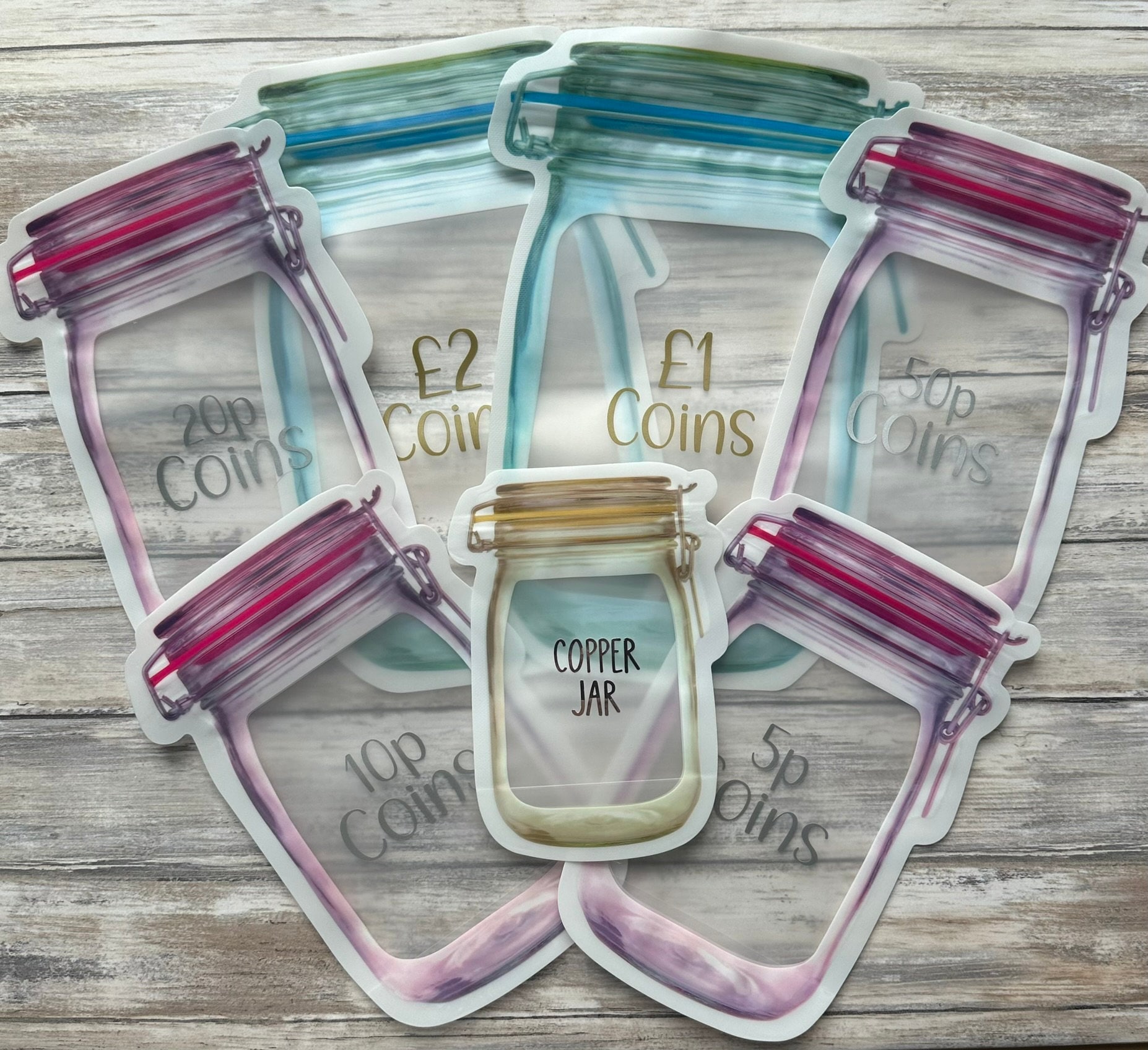 Coin Jars, Lay Flat savings jars, 1 pound, 2 pound, 50p, 20p, 10p, 5p and Copper jar, Cash Stuffing, Budget, Coin Jars, Change Jars