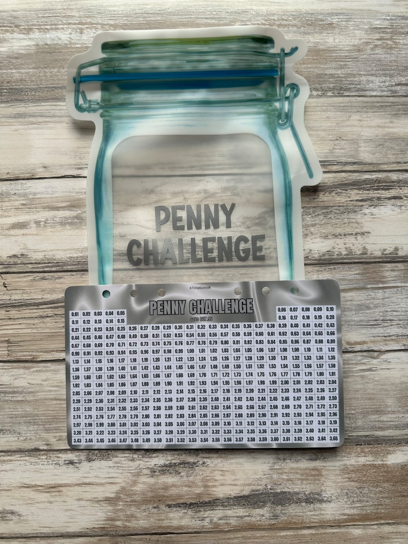 K&ouml;nnte beinhalten: Eine schwarz-wei&szlig;e Tabelle mit dem Titel "Penny Challenge" und einem Raster mit Zahlen von 0,01 bis 3,65. Die Tabelle ist auf wei&szlig;em Hintergrund gedruckt und soll Menschen beim Sparen helfen.