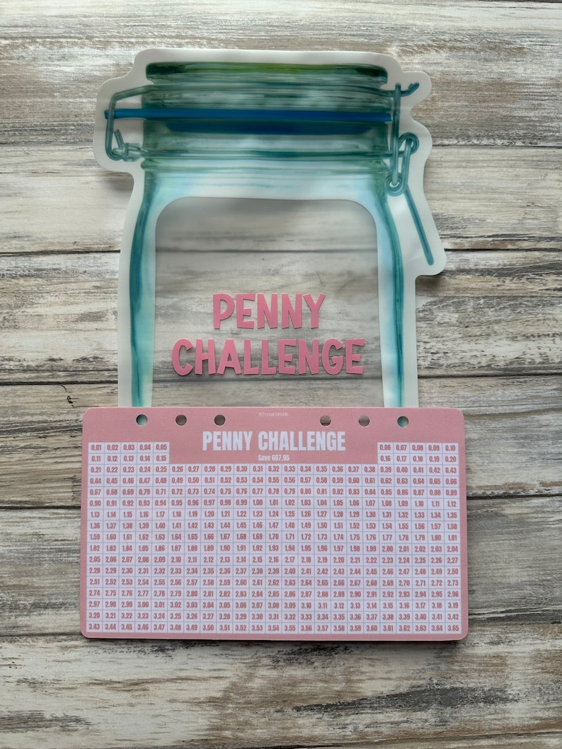 K&ouml;nnte beinhalten: Eine rosa und wei&szlig;e Tabelle mit dem Titel "Penny Challenge" und dem Text "Save 667.95". Die Tabelle ist ein Raster mit Zahlen von 0,01 bis 3,65 in Schritten von 0,01.