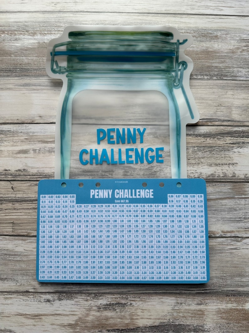 K&ouml;nnte beinhalten: Eine blaue und wei&szlig;e Tabelle mit dem Titel "Penny Challenge" und dem Text "Save 667.95". Die Tabelle ist ein Raster mit Zahlen von 0,01 bis 3,65, die den zu sparrenden Betrag pro Tag darstellen.