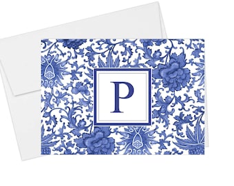 Blue and White Chinoiserie Monogrammed Notecards, Personalized Cards, Gift for Her, Mother's Day Gift, Blue Floral Cards, Set of 10