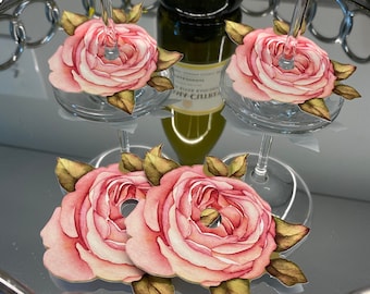 Pink Rose Wine Charms, Floral Wine Glass Party Decor, Set of 20 Drink Tags