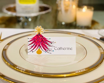 Personalized Christmas Tree Place Cards, Holiday Table Cards, Set of 8