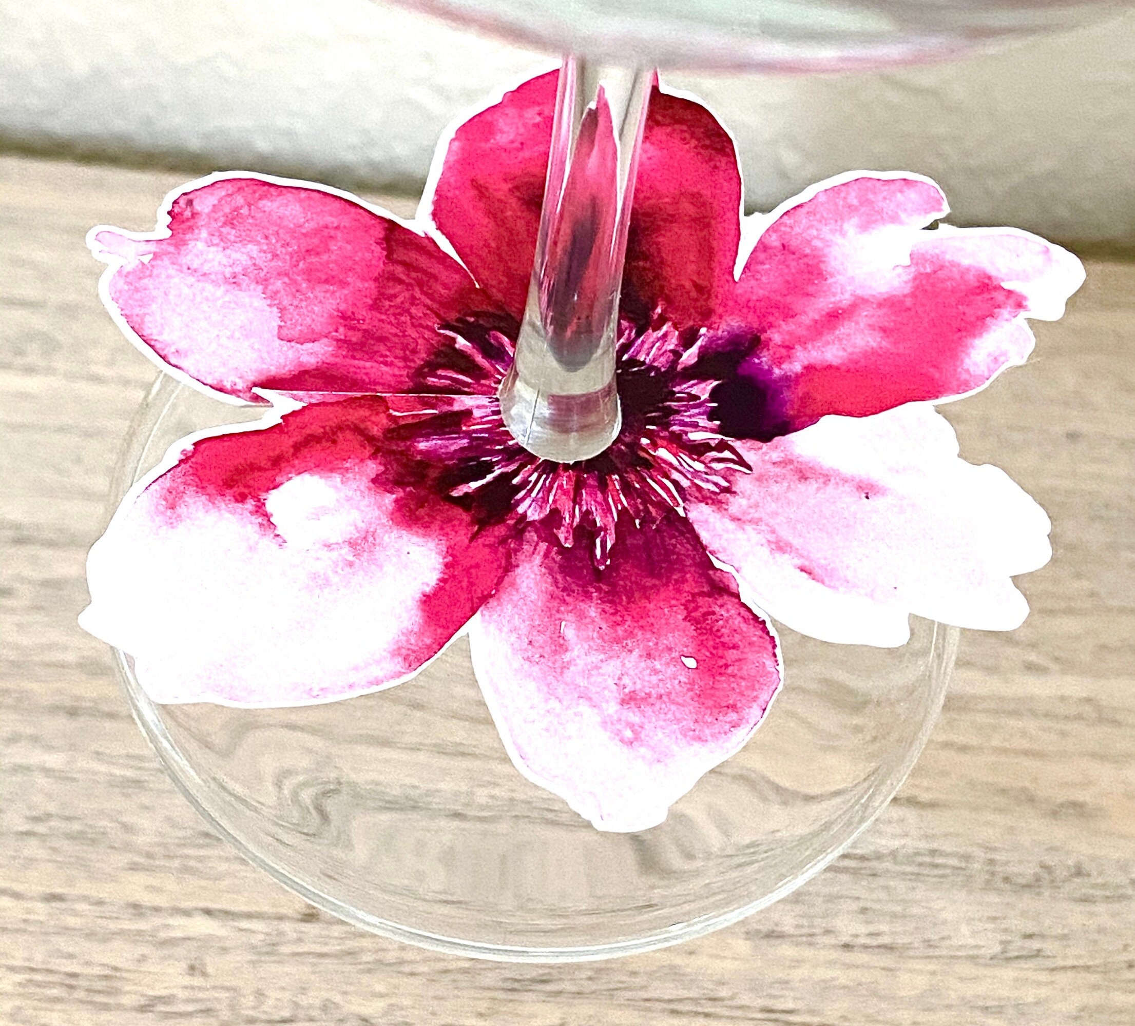 Pink Flower Wine Stem Tags, Wine Charms, Floral Drink Tags, Set of 20