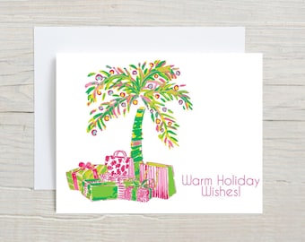 Colorful Palm Tree Christmas Cards, Beach Holiday Greeting Cards, Set of 10
