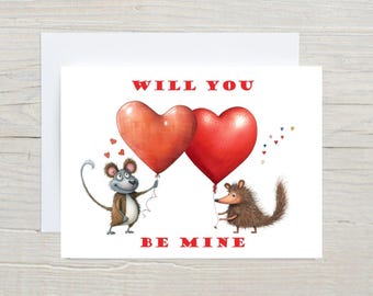 Cute Valentine's Day Card, Sweet Animal Valentine Greeting Card, Single Card