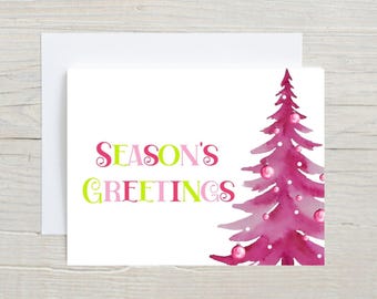 Pink Christmas Tree Cards | Holiday Card Set | Cute Pink Christmas Cards | Set of 10