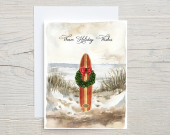 Personalized Surfboard Christmas Cards, Beach Holiday Cards, Set of 10